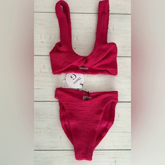 Hunza G Juno Two Piece Crinkle Bikini Swim Set Raspberry Pink NWT OS - Picture 10 of 16